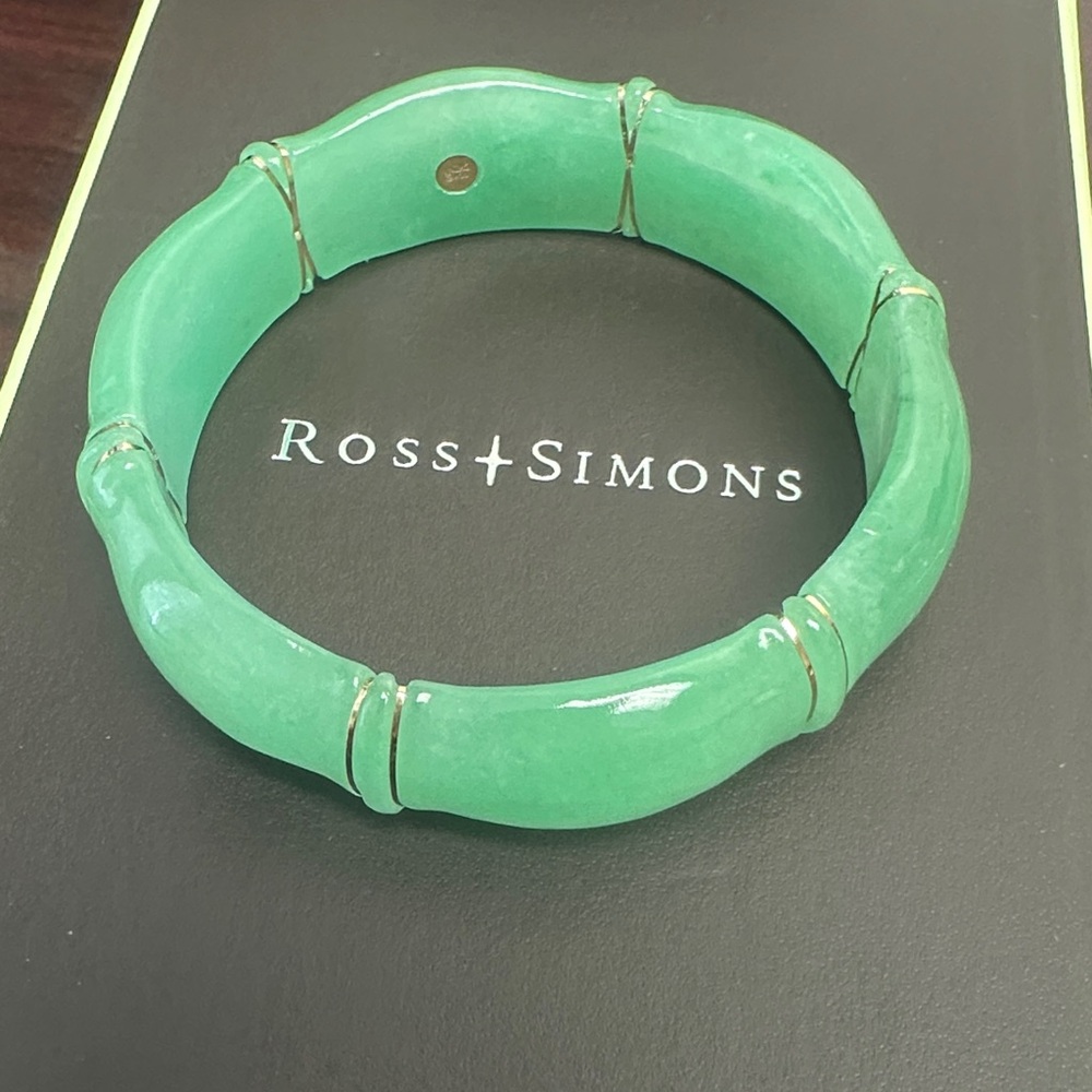 Ross-Simons Carved Green Jade Bangle Bracelet with 14kt Yellow Gold